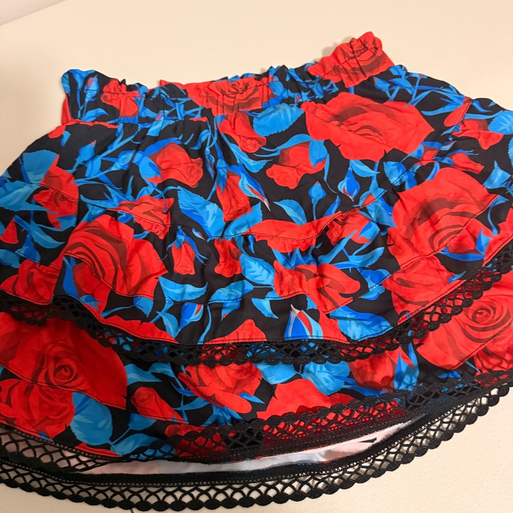 Floral Rose Print Tiered Mini Skirt Red Blue Black Crochet Lace Trim Elasticized